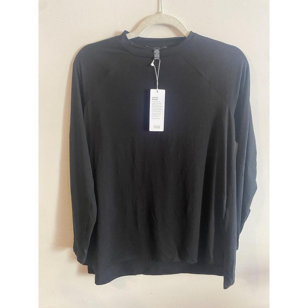 EILEEN FISHER Top XXS Stretch Tencel Jersey Ribbed Crewneck Long Sleeve Black